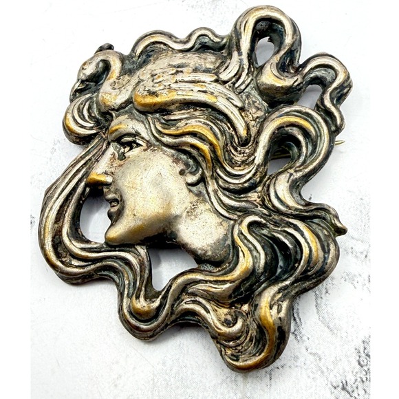 Source Unknown Jewelry - Vintage Figural Woman Face Brooch Bird Hair Art Nouveau Style Sculptural 2.5"